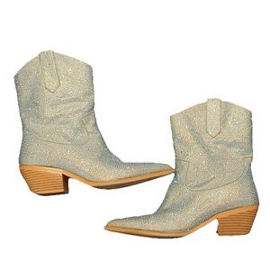 WetKiss Rhinestone Silver Ankle Boots Cowboy Size 7 Sparkly Low Chunky Swiftie